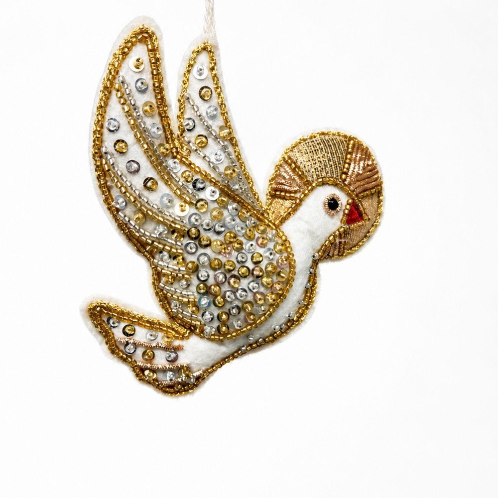 Vintage Beaded White Dove Bird Ornament Gold Sequin Embroidered Holiday Decor